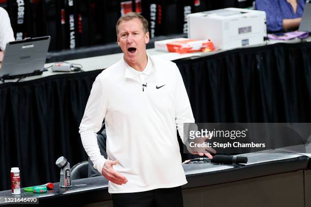 Head coach Terry Stotts of the Portland Trail Blazers reacts in the second quarter against the Denver Nuggets during Round 1, Game 6 of the 2021 NBA...