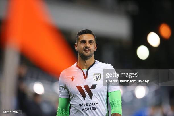 Adam Federici of the Bulls warms-up prior to the A-League match between Macarthur FC and Wellington Phoenix at Campbelltown Sports Stadium, on June...