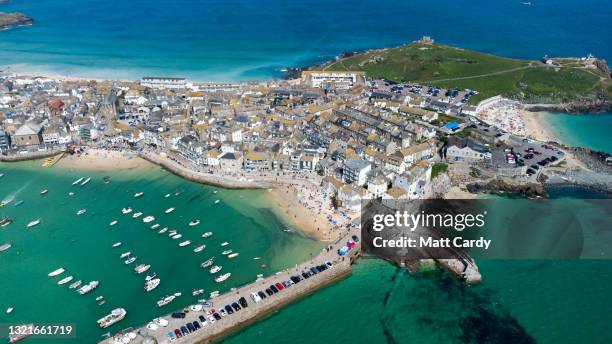 Aerial view of The nearby town of St Ives close to The Carbis Bay Estate hotel and beach, which is set to be the main venue for the upcoming G7...