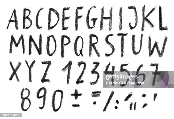 hand drawn narrow capital letters and numbers in vector - abstract illustration with amazing unique dirty unfinished effect - artistic alphabet isolated on white paper background - visible unevenly distributed coal - uneven rough texture - homemade stock illustrations