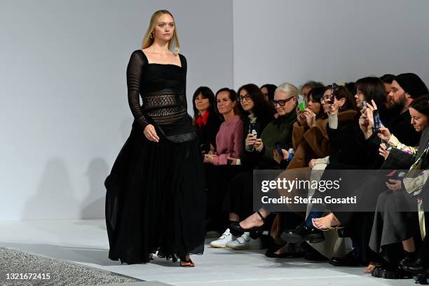 Model Gemma Ward walk the runway during the Christopher Esber show during Afterpay Australian Fashion Week 2021 Resort '22 Collections at...