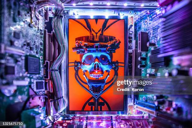 evil skull ai virus software - película de ciencia ficción fotografías e imágenes de stock
