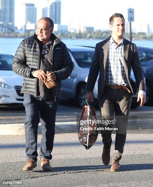 Retired AFL Essendon Football Club players Michael Long and Gavin Wanganeen are seen arriving at the Rambla on the Swan in Perth on June 4, 2021 in...