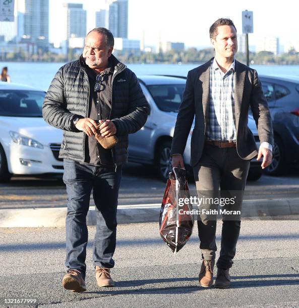 Retired AFL Essendon Football Club players Michael Long and Gavin Wanganeen are seen arriving at the Rambla on the Swan in Perth on June 4, 2021 in...