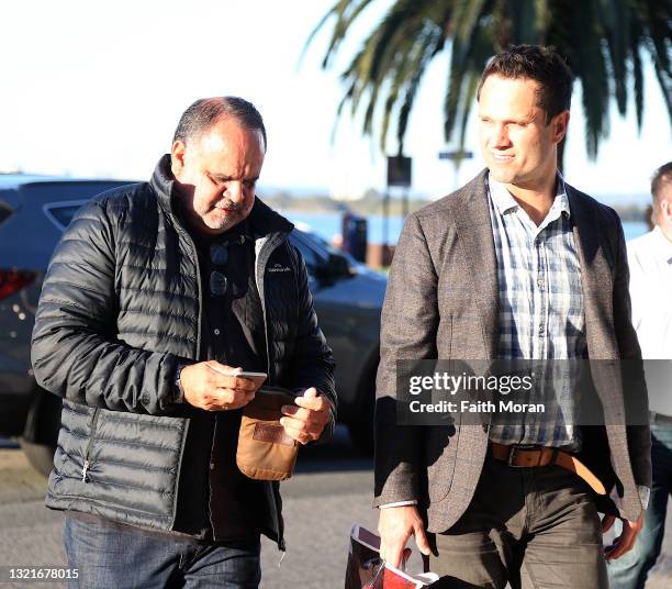 Retired AFL Essendon Football Club players Michael Long and Gavin Wanganeen are seen arriving at the Rambla on the Swan in Perth on June 4, 2021 in...