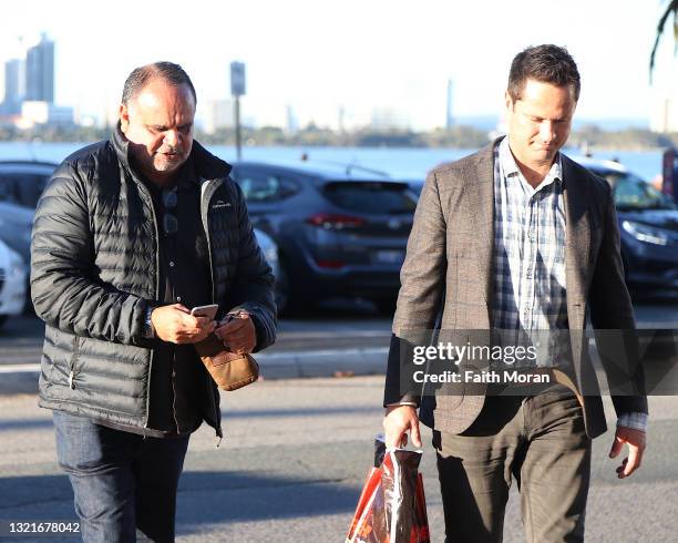 Retired AFL Essendon Football Club players Michael Long and Gavin Wanganeen are seen arriving at the Rambla on the Swan in Perth on June 4, 2021 in...