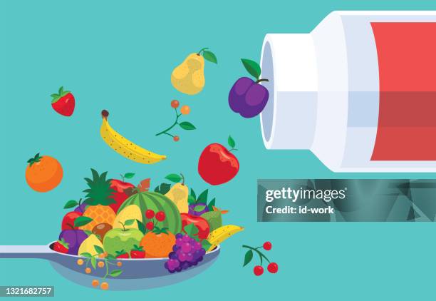 löffel mitfrüchten und pillenflasche - löffel stock-grafiken, -clipart, -cartoons und -symbole