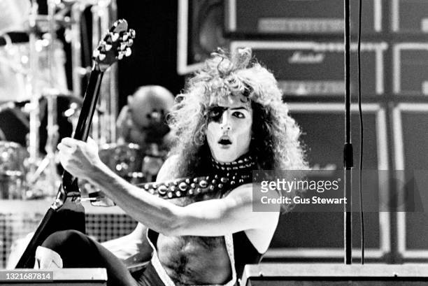 Paul Stanley of KISS performs on stage at Hammersmith Odeon, London England. This was their first London gig on their 'Destroyer' tour on May 15th,...