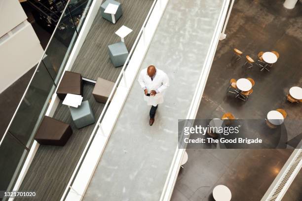 high angle view of male doctor with smart phone walking in hospital - completamente calvo - fotografias e filmes do acervo