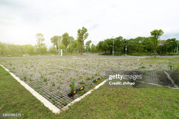 open-air parking lot with woods background - parking space - fotografias e filmes do acervo