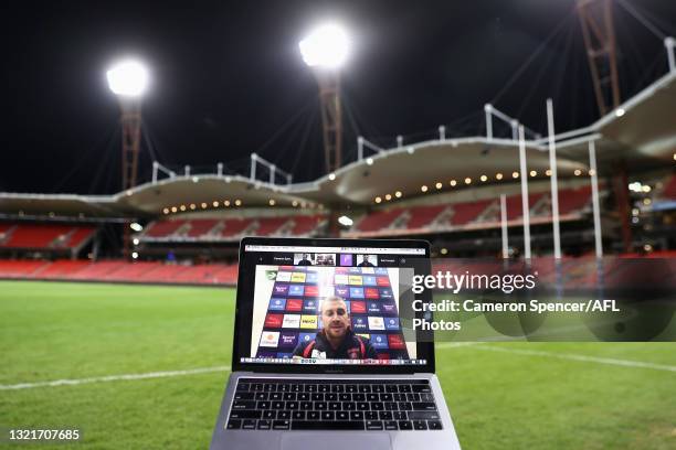 Melbourne Demons head coach Simon Goodwin talks to media on a Zoom press conference call following Melbourne's victory in the round 12 AFL match...