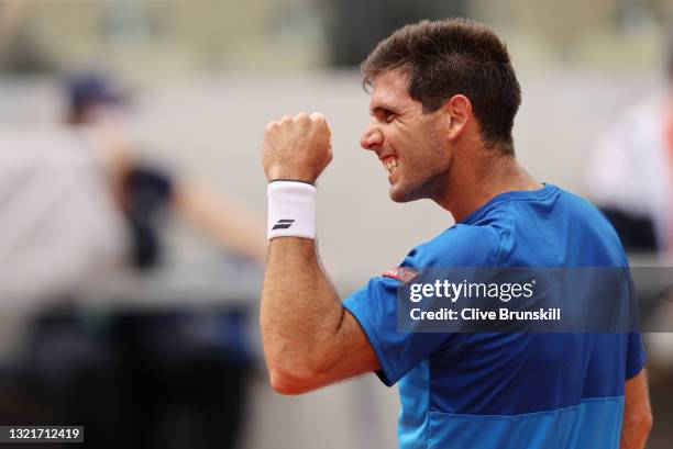 Federico Delbonis of Argentina celebrates winning match point during his men's singles third round match against Fabio Fognini of Italy on day six of...