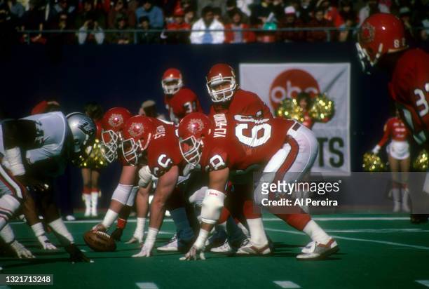 Quarterback Doug Flutie of the New Jersey Generals calls a play in the game between the Los Angeles Express vs The New Jersey Generals of the United...