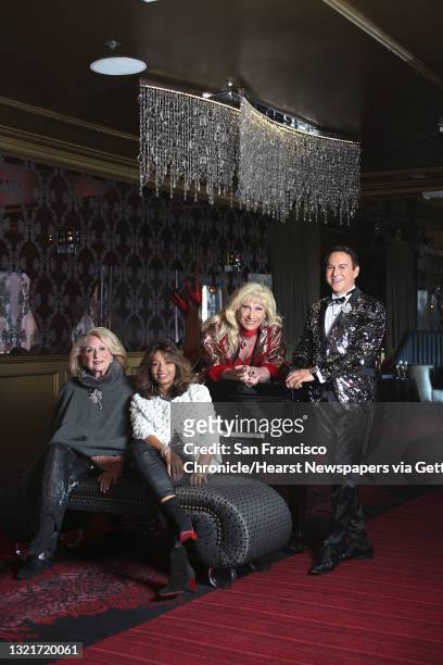 Left to right--Socialite Sally Debenham, stylist Sheree Chambers of Wilkes Bashford clothing store, drag queen Donna Sachet, and luxury real estate...