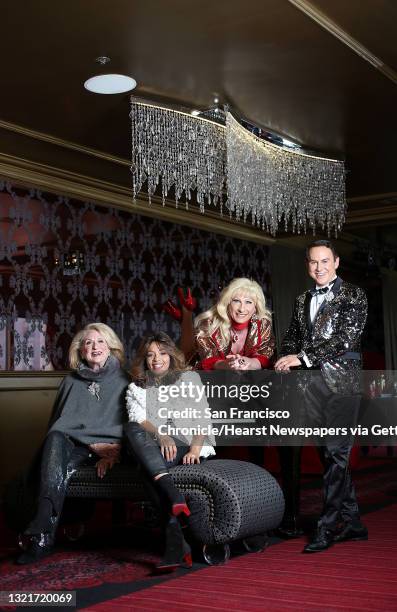 Left to right--Socialite Sally Debenham, stylist Sheree Chambers of Wilkes Bashford clothing store, drag queen Donna Sachet, and luxury real estate...