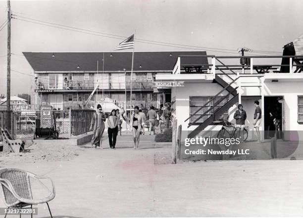 View along bay side of Kismet includes new hotel Bulkhead, restaurant/bar Kismet Inn and Green Isle restaurant on Fire Island, New York on June 3,...