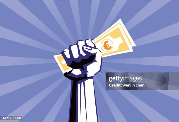 ilustraciones, imágenes clip art, dibujos animados e iconos de stock de luchando por el euro, sosteniendo un puño del billete del euro - aferrarse