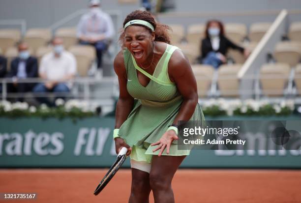 Serena Williams of USA celebrates during her Women's Singles third round match against Danielle Collins of USA on day six of the 2021 French Open at...