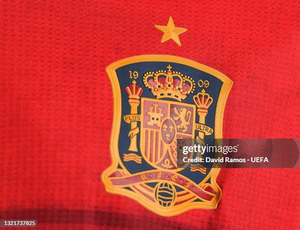 View of the Spanish badge during the official UEFA Euro 2020 media access day at Ciudad del Futbol on June 03, 2021 in Las Rozas de Madrid, Spain.