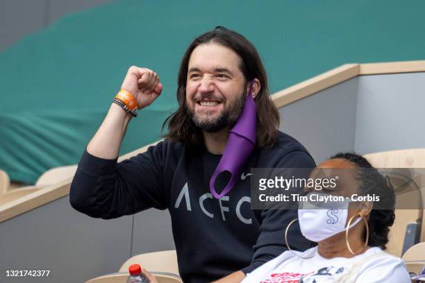 June 4. Alexis Ohanian, husband of Serena Williams of the United States reacts in the stands during her match against Danielle Collins of the United...
