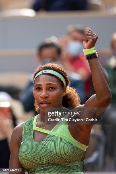 June 4. Serena Williams of the United States celebrates her victory against Danielle Collins of the United States on Court Philippe-Chatrier during...