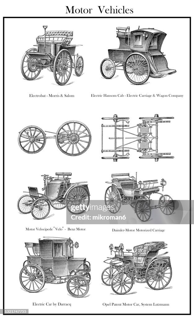 Old engraved illustration of automobiles, motor vehicles