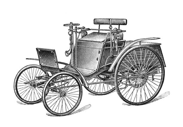 old engraved illustration of benz velocipede "velo" the first cars, introduced by karl benz - karl benz car stock pictures, royalty-free photos & images