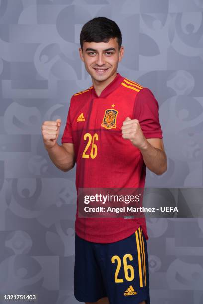 Pedri of Spain poses during the official UEFA Euro 2020 media access day at Ciudad del Futbol on June 03, 2021 in Las Rozas de Madrid, Spain.