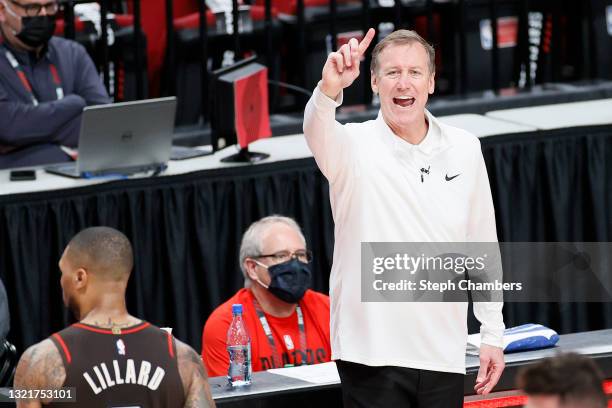 Head coach Terry Stotts of the Portland Trail Blazers reacts against the Denver Nuggets in the second quarter during Round 1, Game 6 of the 2021 NBA...