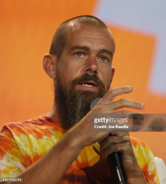 Jack Dorsey creator, co-founder, and Chairman of Twitter and co-founder & CEO of Square speaks on stage at the Bitcoin 2021 Convention, a...