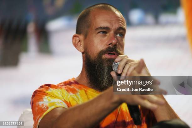 Jack Dorsey creator, co-founder, and Chairman of Twitter and co-founder & CEO of Square speaks on stage at the Bitcoin 2021 Convention, a...