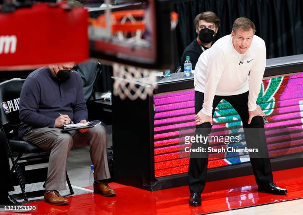 Head coach Terry Stotts of the Portland Trail Blazers looks on against the Denver Nuggets in the third quarter during Round 1, Game 6 of the 2021 NBA...
