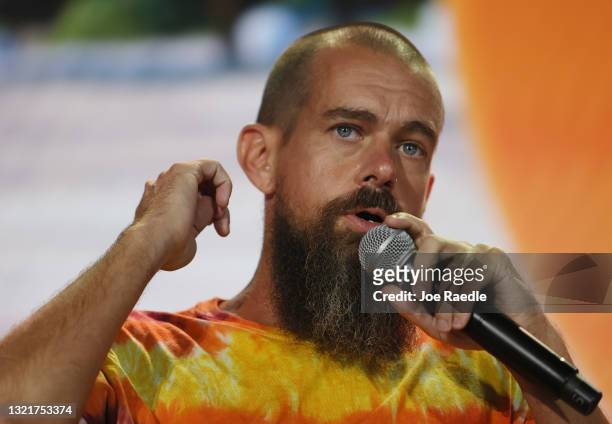 Jack Dorsey creator, co-founder, and Chairman of Twitter and co-founder & CEO of Square speaks on stage at the Bitcoin 2021 Convention, a...