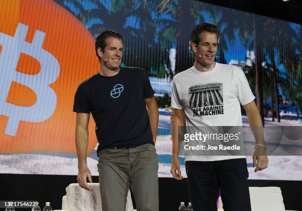 Tyler Winklevoss and Cameron Winklevoss , creators of crypto exchange Gemini Trust Co. On stage at the Bitcoin 2021 Convention, a crypto-currency...
