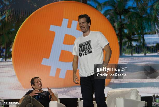 Tyler Winklevoss and Cameron Winklevoss creators of crypto exchange Gemini Trust Co. On stage at the Bitcoin 2021 Convention, a crypto-currency...