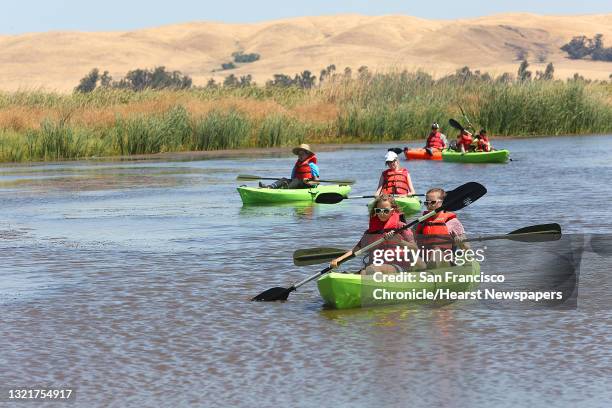 Emma Bohnsack from Danville and Austin Gall from Oakley kayak at Grizzly Ranch on the Suisun Marsh on Wednesday, July 26 in Suisun City, Calif. 30...