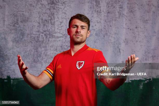 Aaron Ramsey of Wales poses during the official UEFA Euro 2020 media access day at on June 03, 2021 in Vale of Glamorgan, Wales.