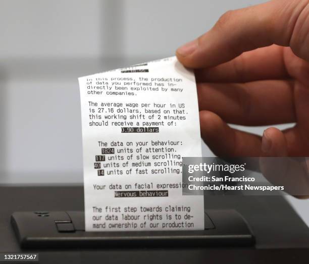 Artist Manual Beltran shows his readout from his exhibition which explores the production of data comparatives as a form of labor seen on Wednesday,...
