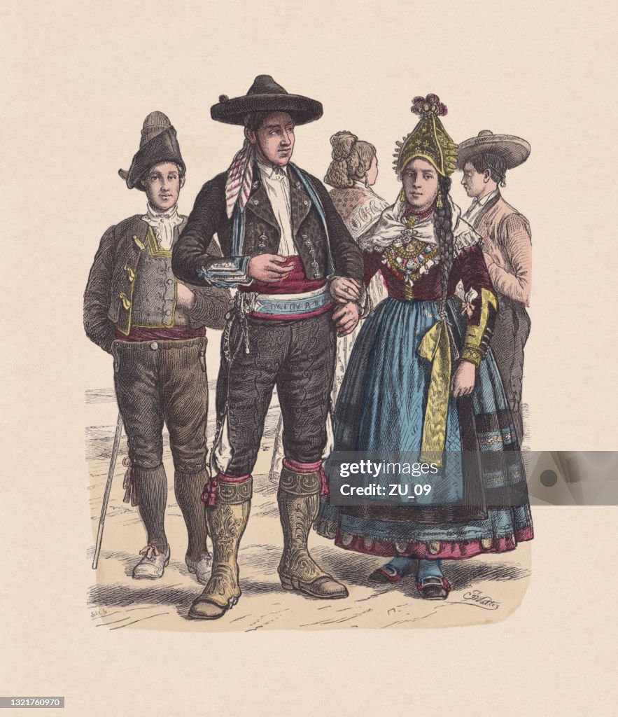 19ème siècle, costumes espagnols, gravure sur bois couleur à la main, publié vers 1880
