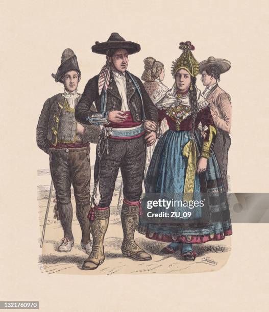 illustrations, cliparts, dessins animés et icônes de 19ème siècle, costumes espagnols, gravure sur bois couleur à la main, publié vers 1880 - castille et leon