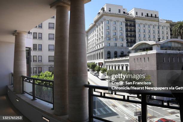 The Fairmont hotel seen at right from a balcony at the Crescent Nob Hill on Thursday, Aug. 6 in San Francisco, Calif.