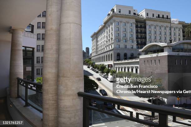 The Fairmont hotel seen at right from a balcony at the Crescent Nob Hill on Thursday, Aug. 6 in San Francisco, Calif.