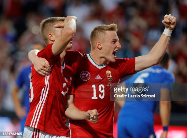 Kevin Varga of Hungary celebrates with goal scorer Andras Schafer of Hungary during the International Friendly match between Hungary and Cyprus at...