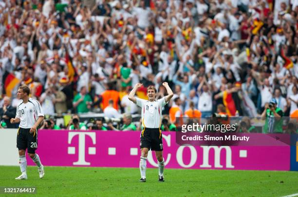 Miroslav Klose of Germany celebrates after scoring during the World Cup Quarter Final match between Germany and Argentina . Germany would win on...