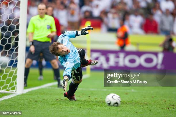 Jens Lehmann goalie for Germany makes a save during the penalty phase of the World Cup Quarter Final match between Germany and Argentina . Germany...