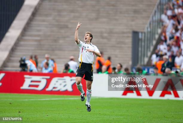 Miroslav Klose of Germany celebrates after scoring during the World Cup Quarter Final match between Germany and Argentina . Germany would win on...