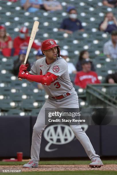 Dylan Carlson of the St. Louis Cardinals at bat during a game against the Milwaukee Brewers at American Family Field on May 13, 2021 in Milwaukee,...