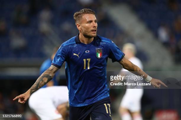 Ciro Immobile of Italy celebrates after scoring the opening goal during the international friendly match between Italy and Czech Republic at Renato...