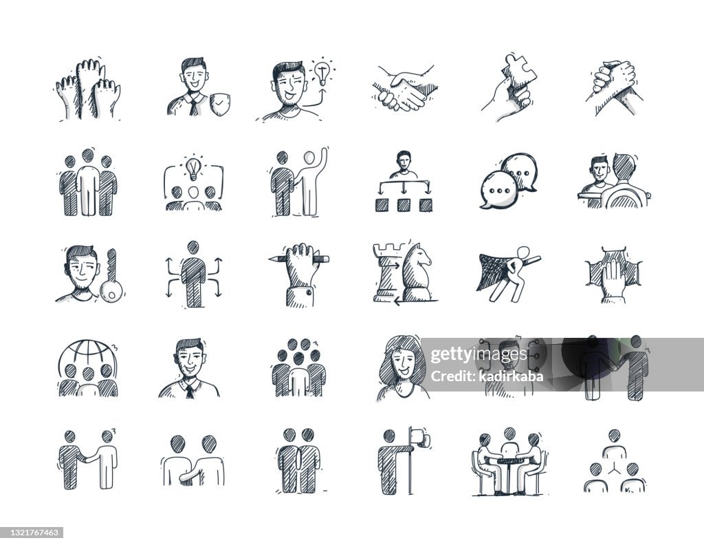 Zusammenarbeit Hand gezeichnetE Linie Icon Set und Skizze Design