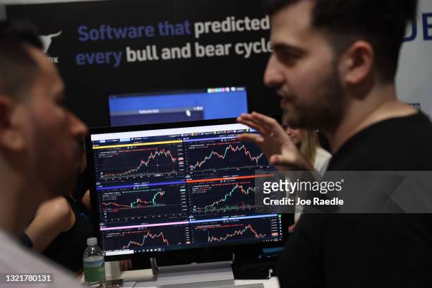 Giorgi Khazaradze explains the Aurox software, which predicts the cycles of all digital currency, to attendees of the Bitcoin 2021 Convention, a...